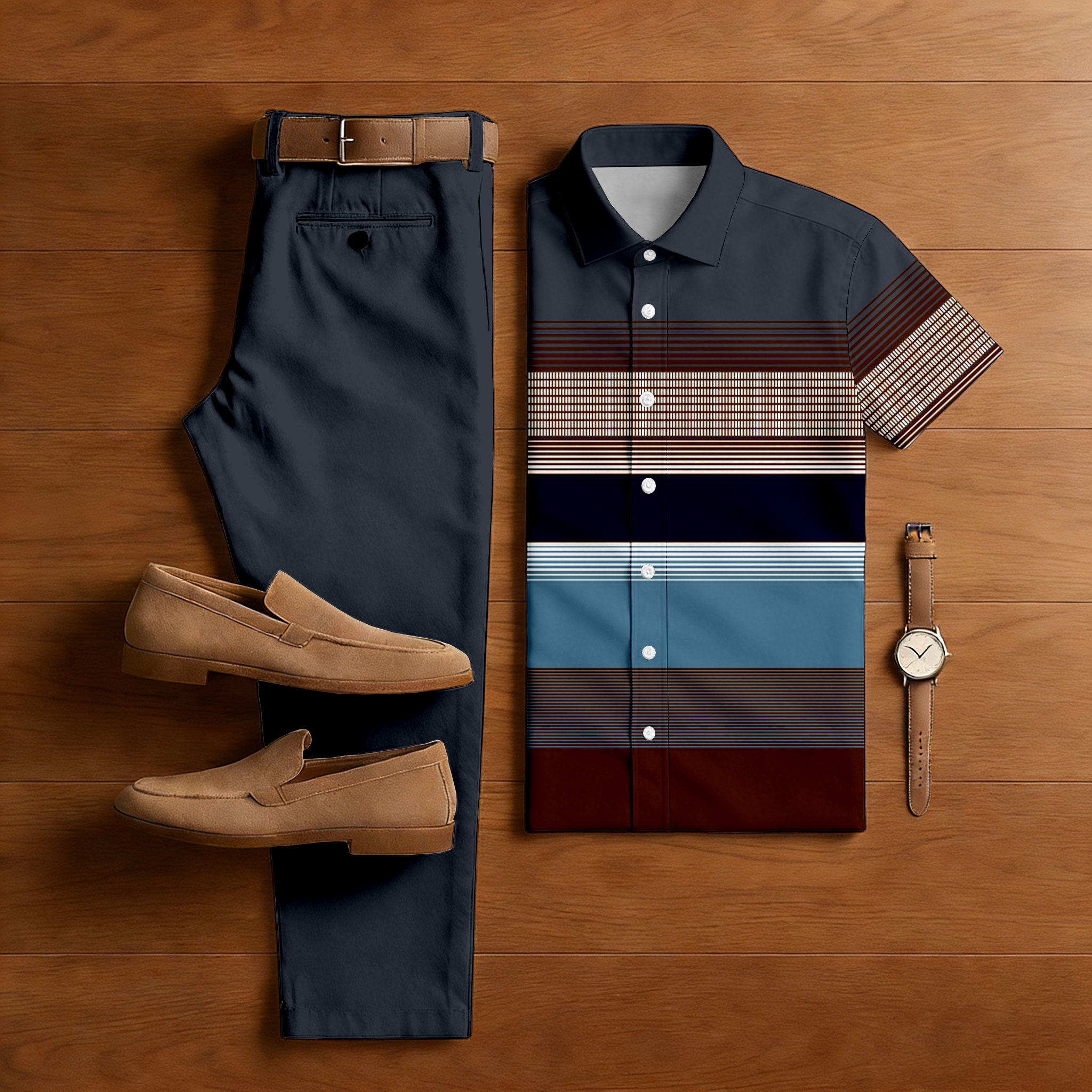 Conjunto de dos piezas casual Navy Blue & Multi Color Matching a rayas estampado de manga corta camisa & Trousers para hombre