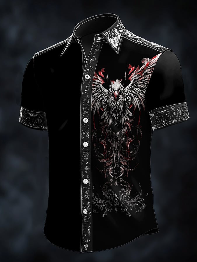 Camisa casual vintage Viking Raven satén para hombre