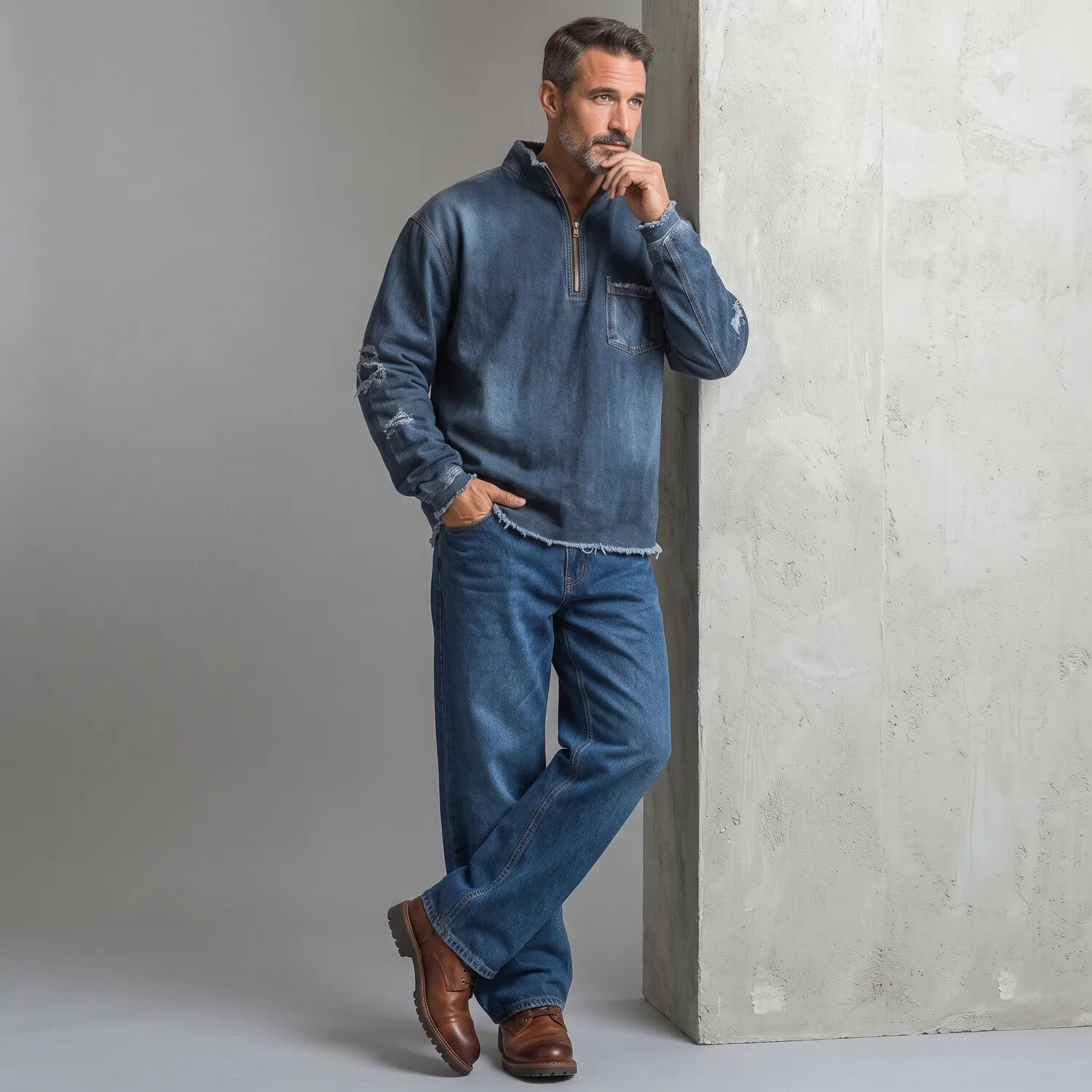 para hombre vintage Stand Collar Half Zip Chest Pocket Frayed Hem de manga larga Pullover Denim Sweacamiseta