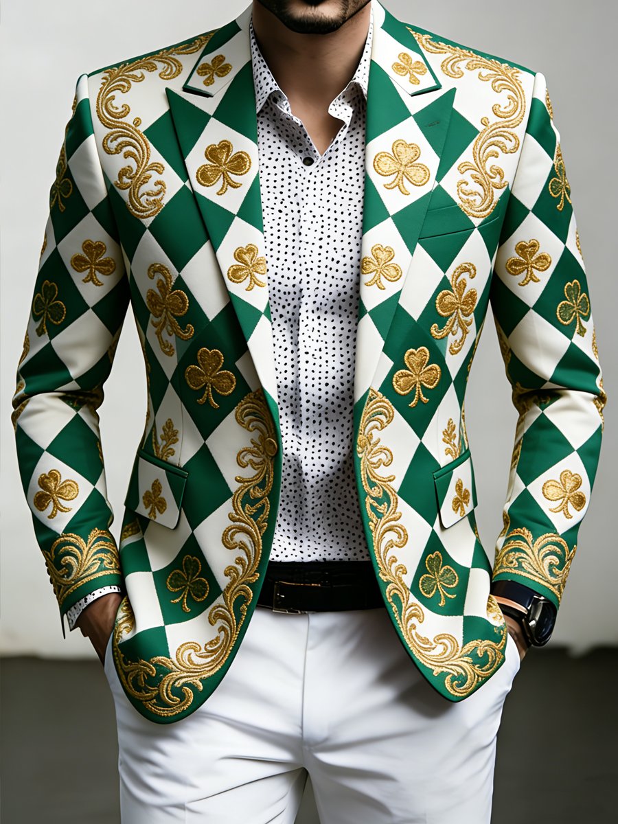 Chaqueta de lujo St. Patrick's Day Shamrock estampado Suit para hombre