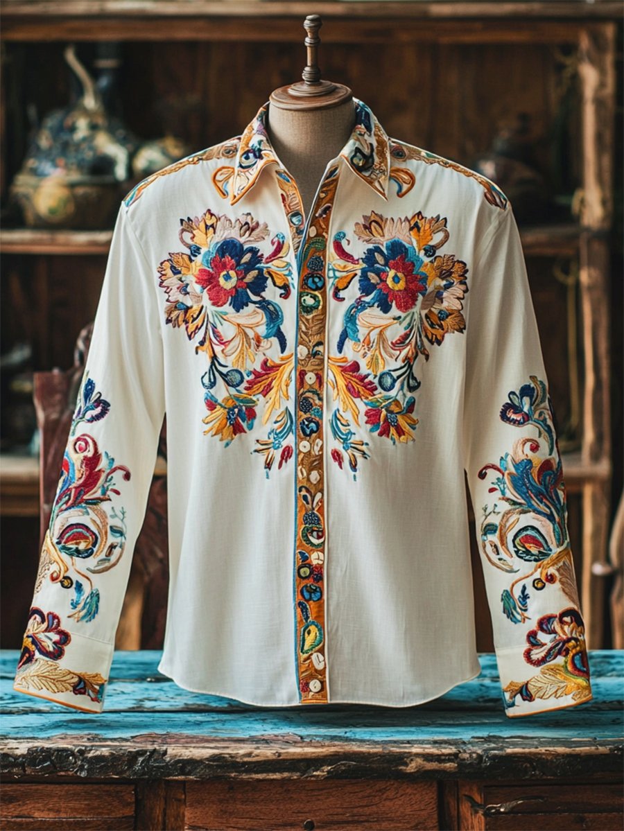 Camisa retro casual Western Ethnic estampado de manga larga para hombre