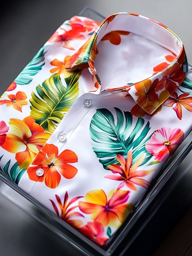 Camisa satén Luxe hawaiano Large floral de manga corta Button para hombre