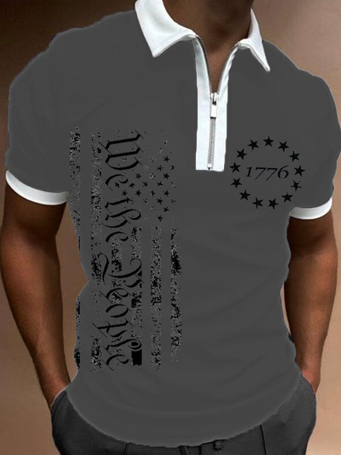 Camisa polo Independence Day 1776 Flag estampado Zip Collar para hombre