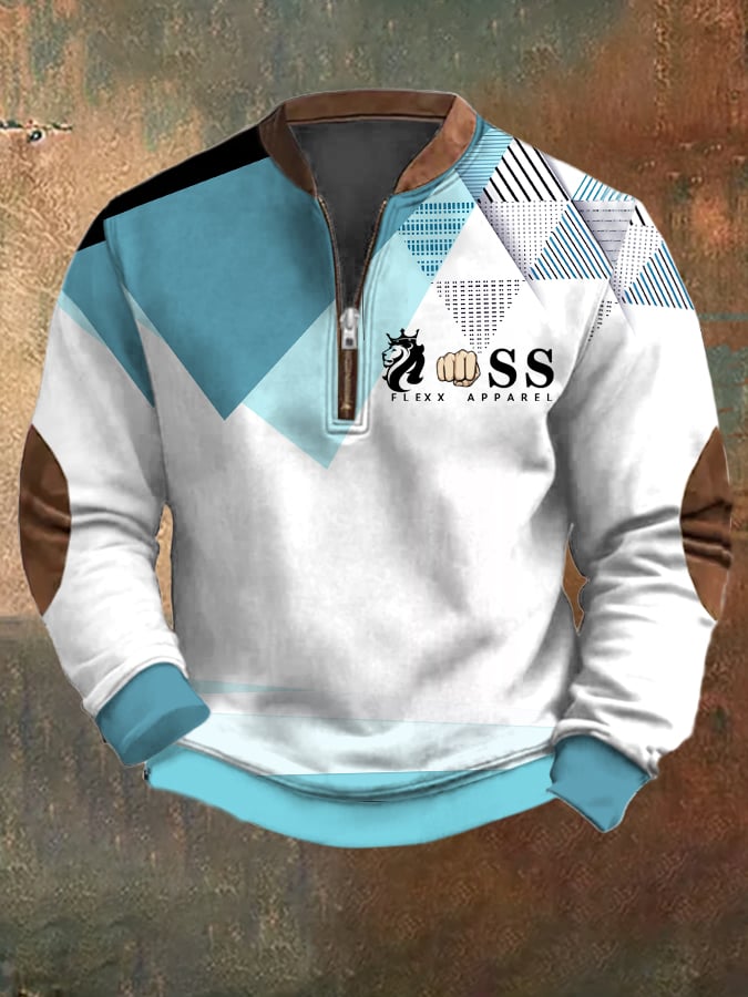 Sudadera retro Letter Design estampado casual cierre cuello de manga larga para hombre