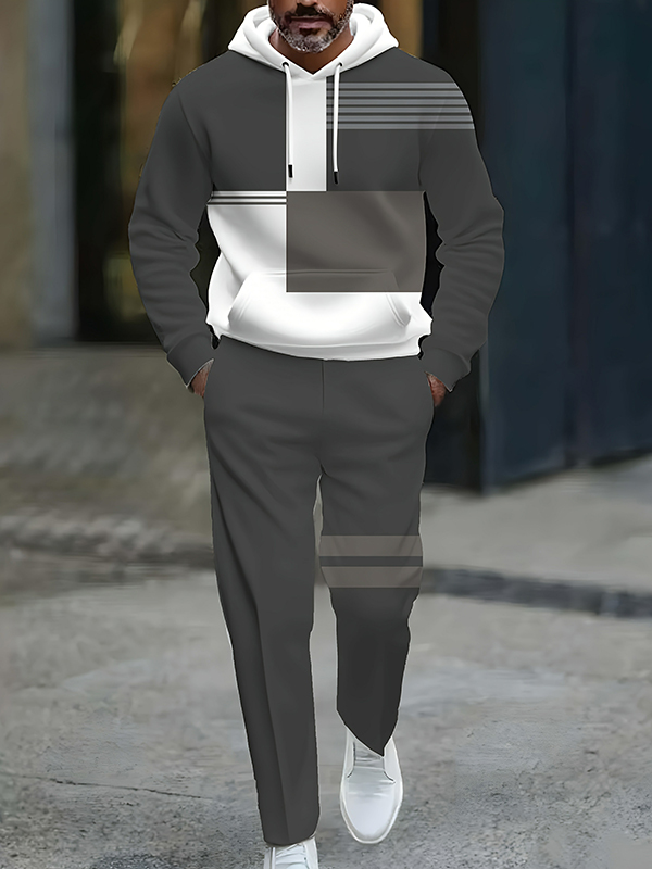 Conjunto de dos piezas casual Gray & White Color Matching Geometric estampado Hooded de manga larga Trousers para hombre