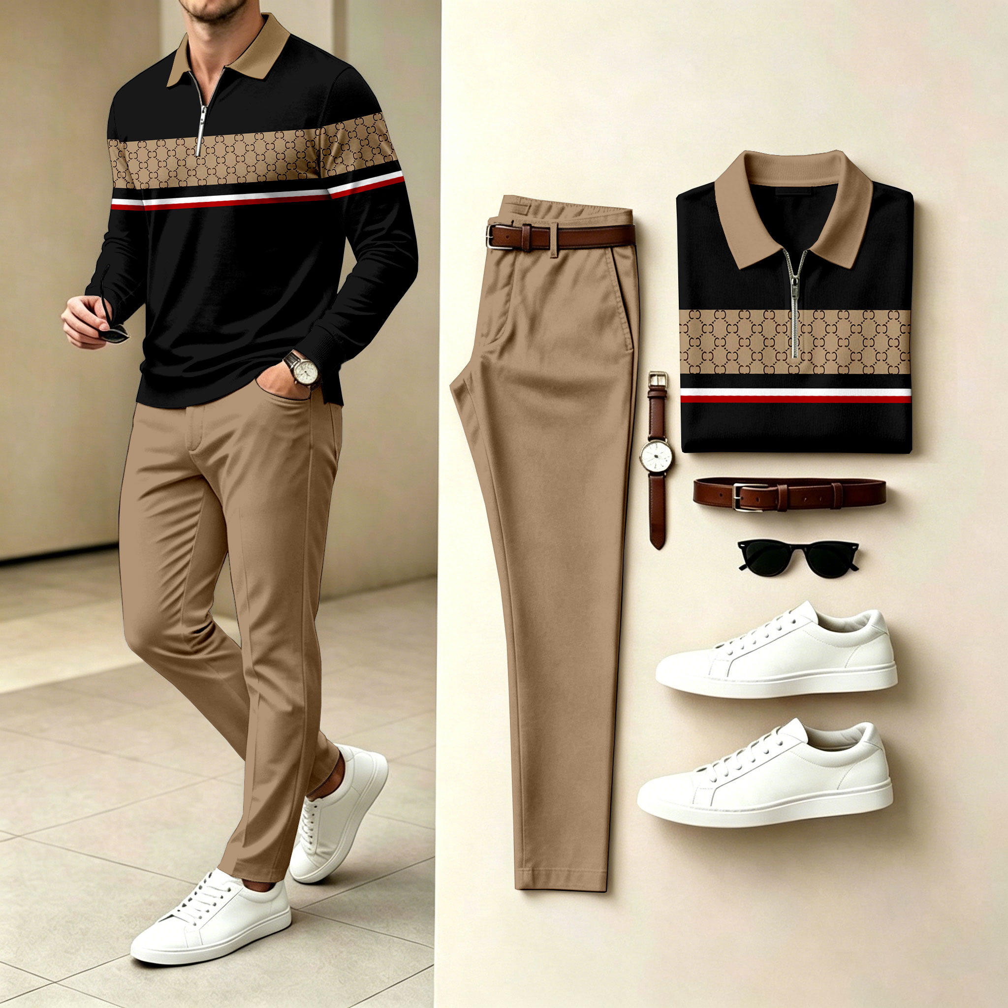 Conjunto de dos piezas a rayas Polo-Collar Zipper de manga larga camisa and pantalón para hombre