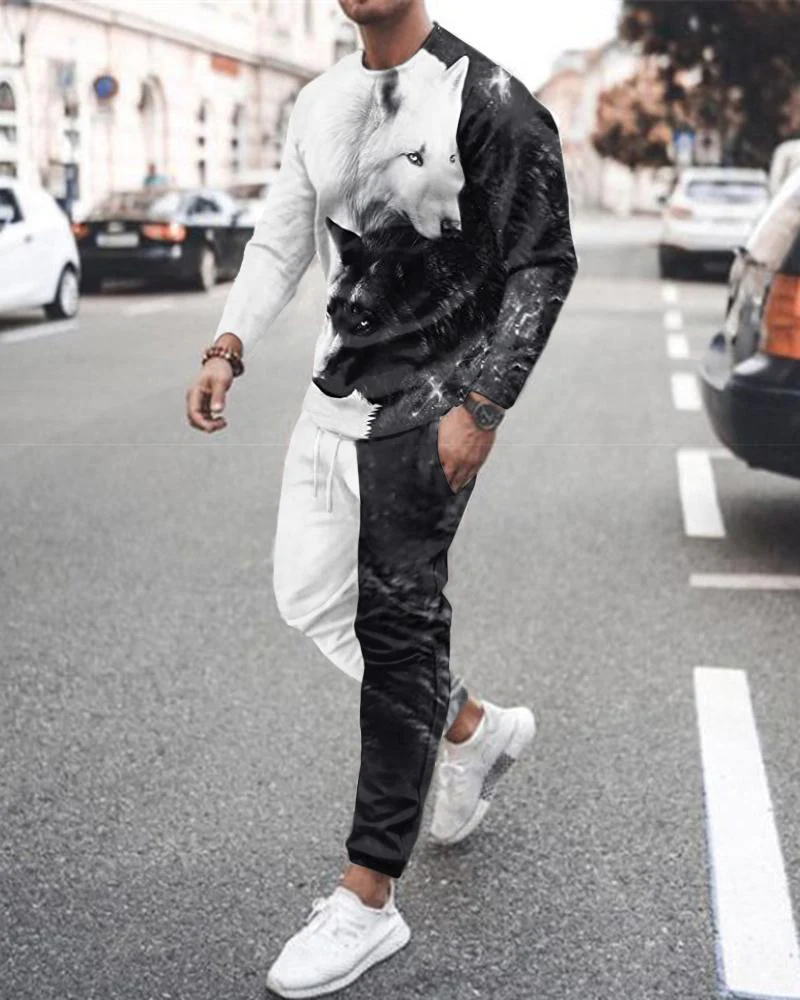 Casual estampado color matching de manga larga sports set 027 para hombre