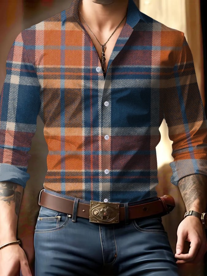 Camisa ejecutivo casual geométrico estampado de manga larga para hombre
