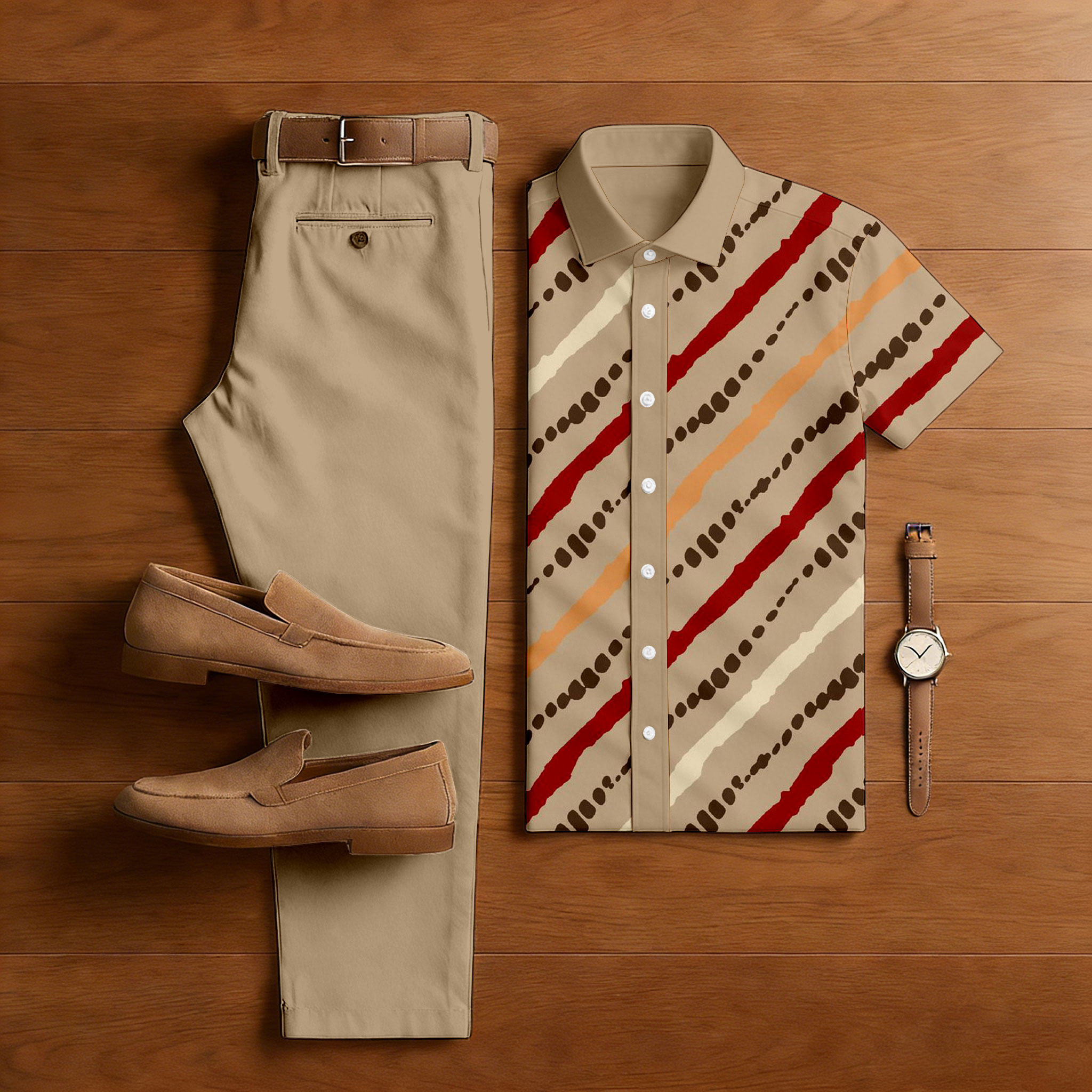 Conjunto de dos piezas casual Tan & Multi Color Matching Polka Dots estampado de manga corta camisa & Trousers para hombre