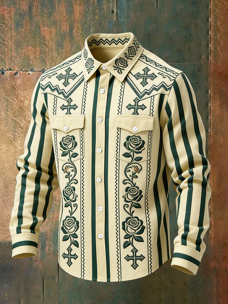 Camisa vintage a rayas Western de manga larga para hombre