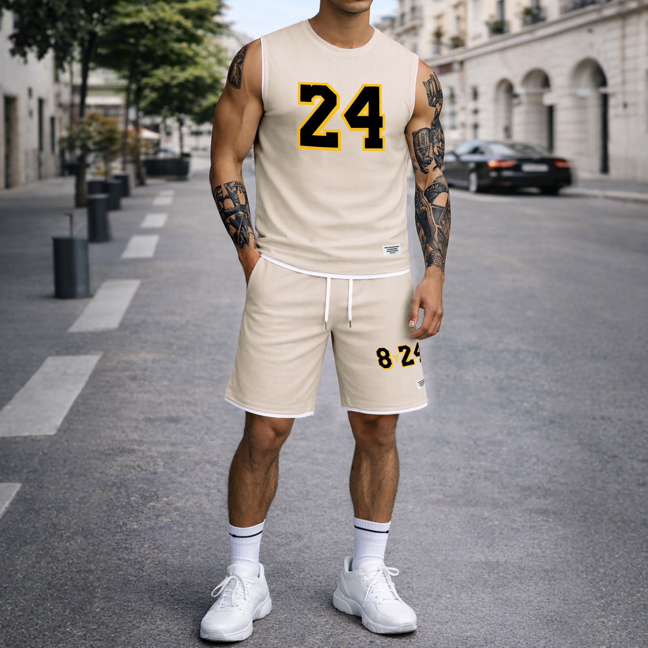 Shorts Number 24 Graphic estampado Summer Set Sleeveless Tank Top & Matching Outfit, Basketball Style Double Number estampado Lightweight casual Streetwear Athletic Set for Everyday & para trabajoout para hombre