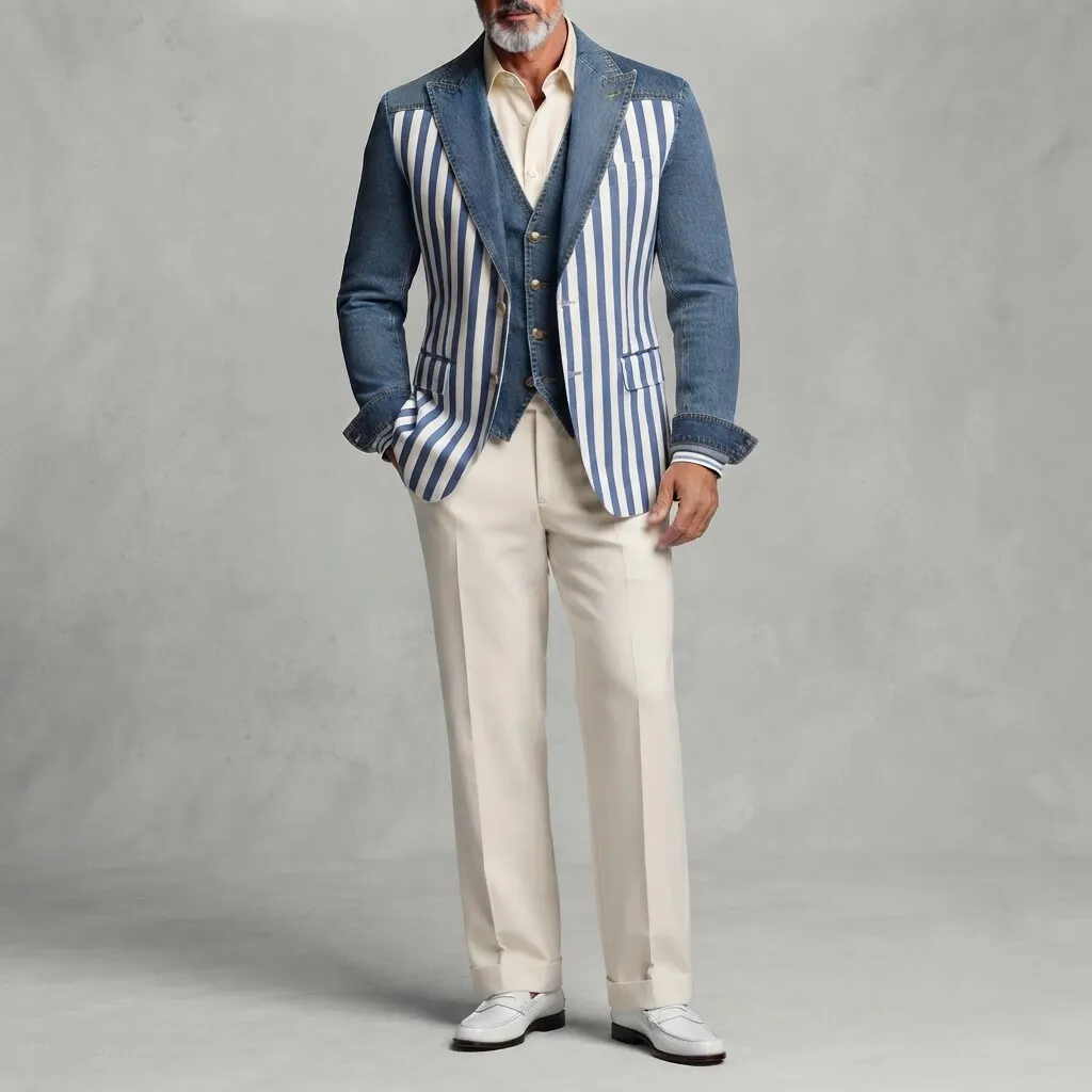 para hombre elegante Contrast a rayas Print Peak Lapel de corte entallado Denim sacos