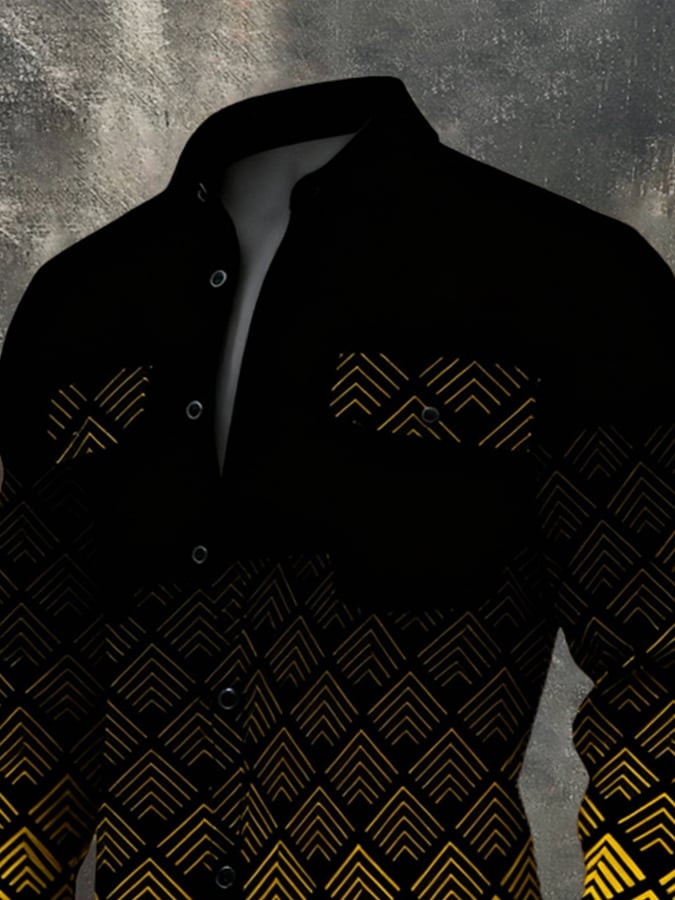 Camisa vintage Color-Block estampado de manga larga para hombre