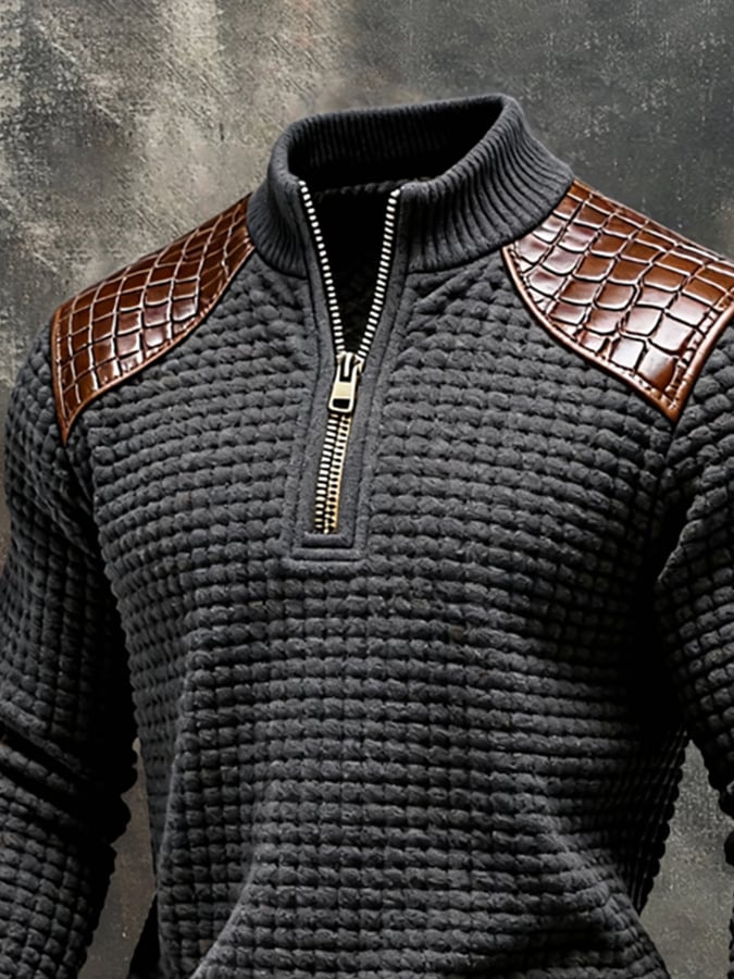 Sudadera vintage texturizado Square Grid Patchpara trabajo Color-Block de manga larga para hombre