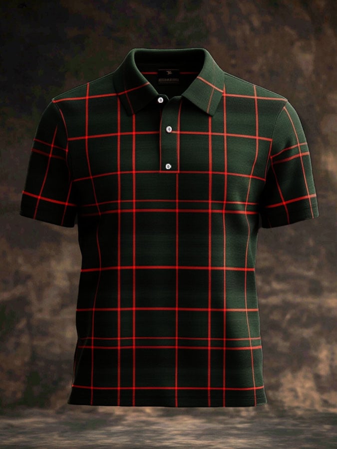 Camisa polo casual clásico a cuadros estampado ejecutivo de manga corta para hombre