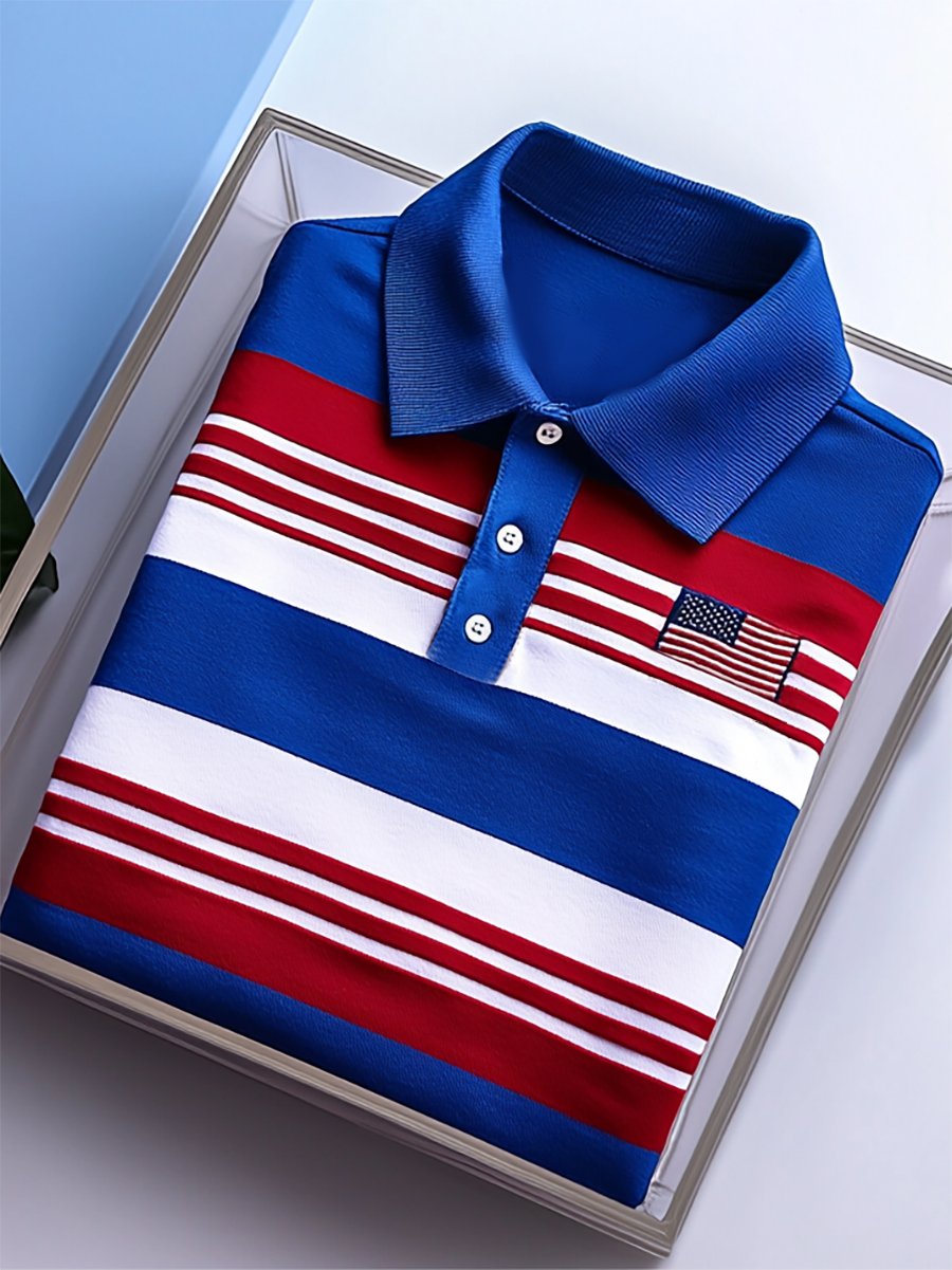 Camisa polo ejecutivo casual Independence Day a rayas Button de manga corta para hombre
