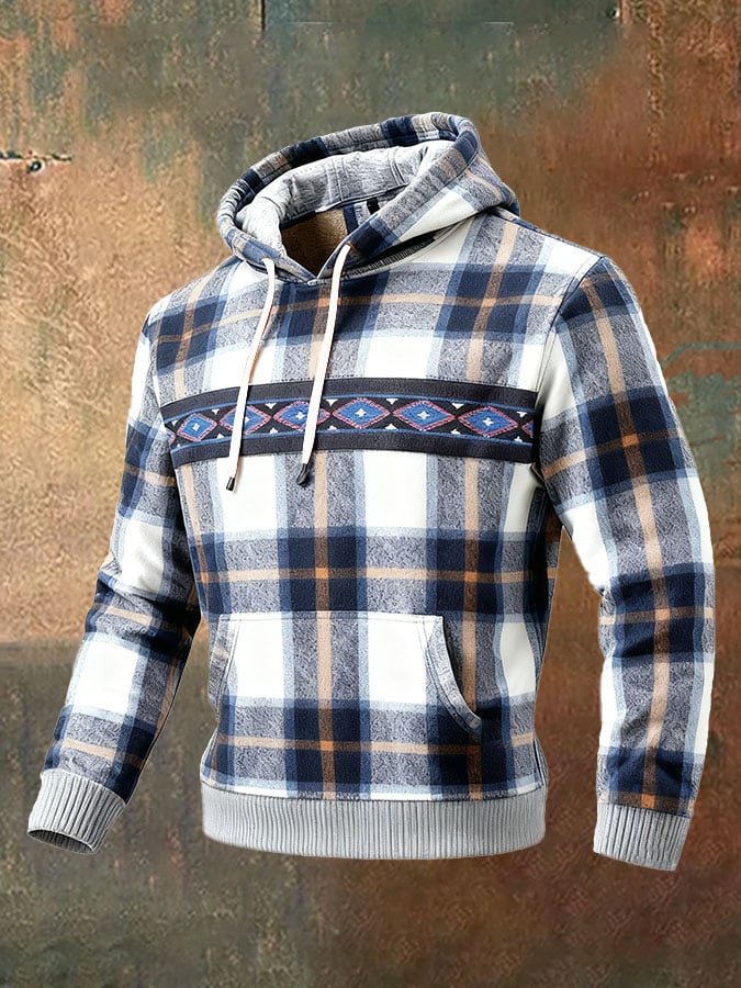 Sudadera casual retro a cuadros estampado de manga larga Hooded para hombre