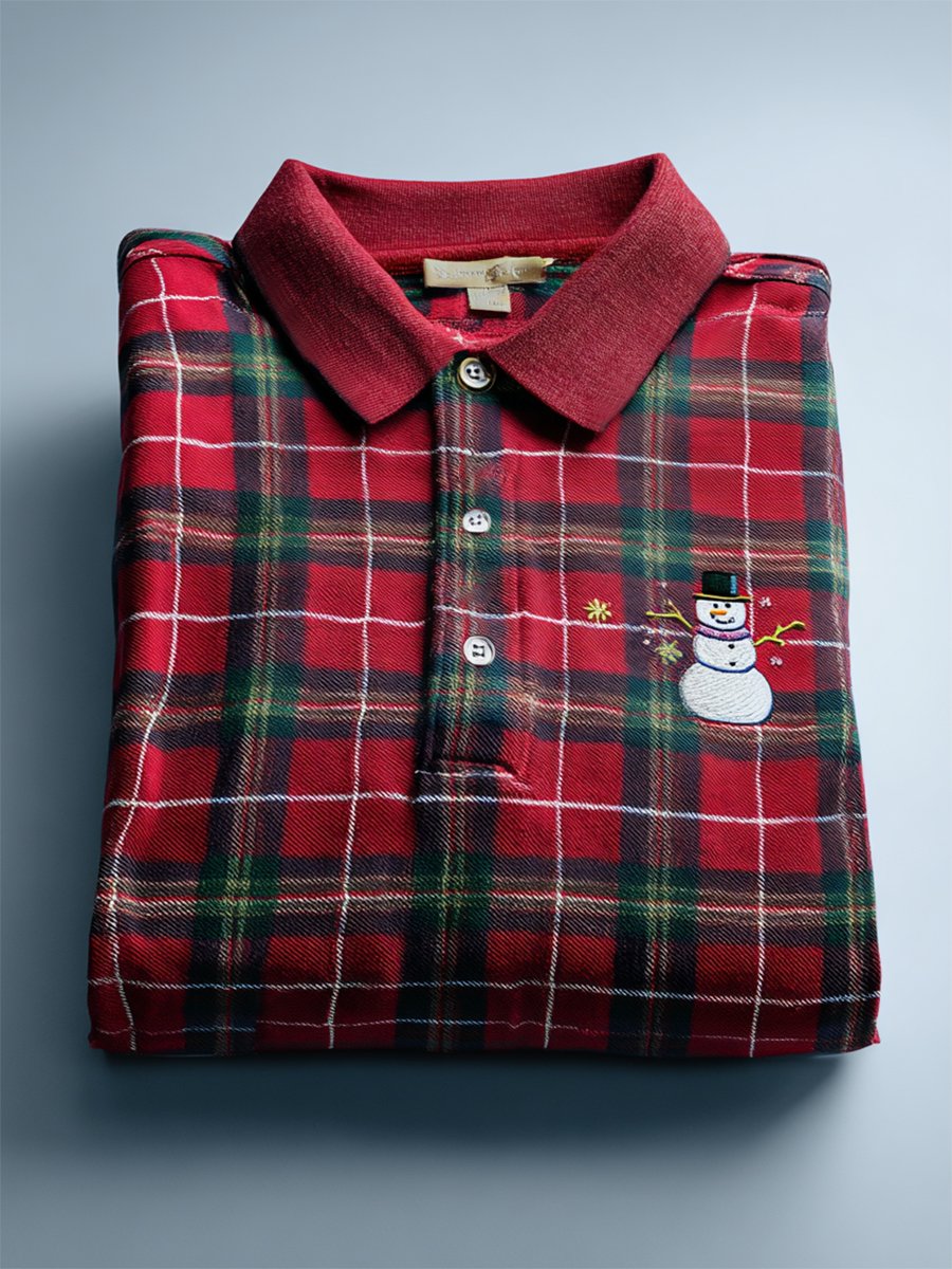 Camisa polo Christmas a cuadros de manga larga para hombre