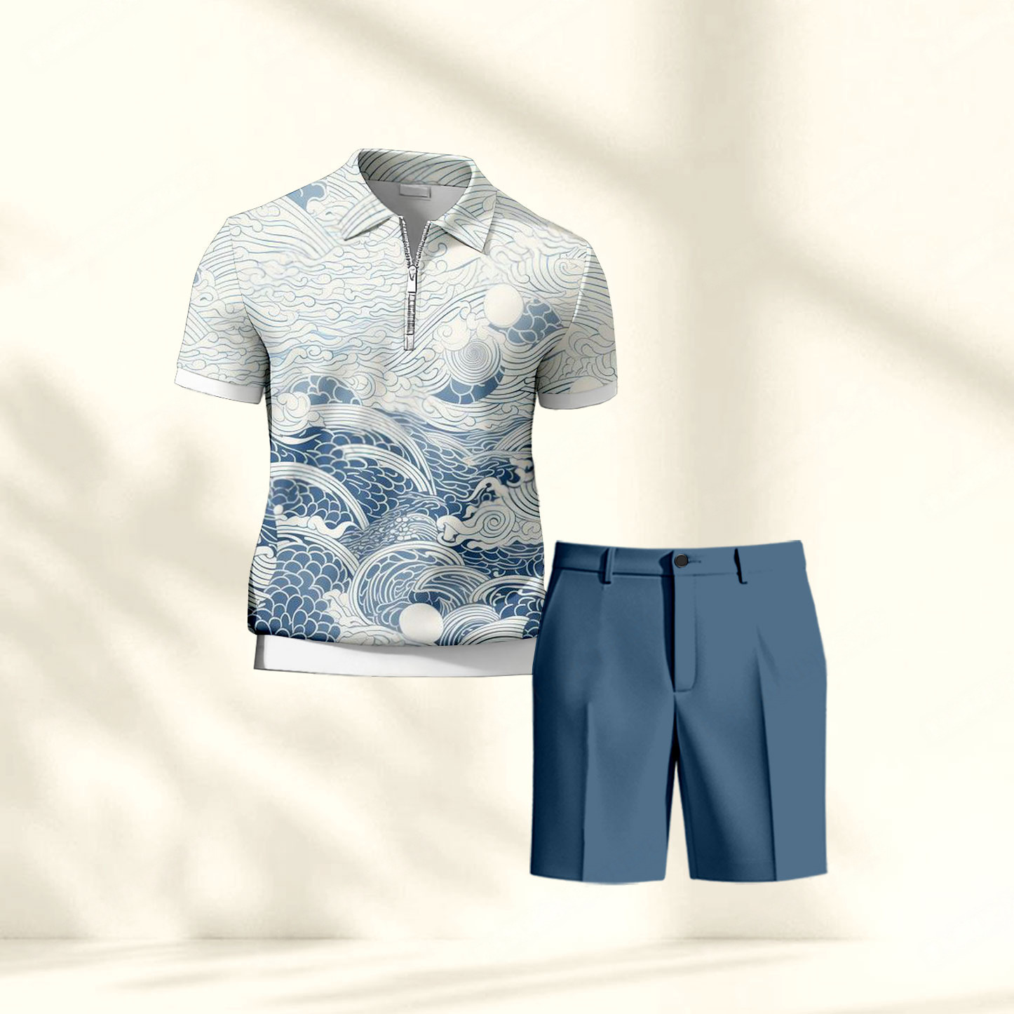Conjunto de dos piezas casual White Waves estampado camisa polo And pantalón para hombre