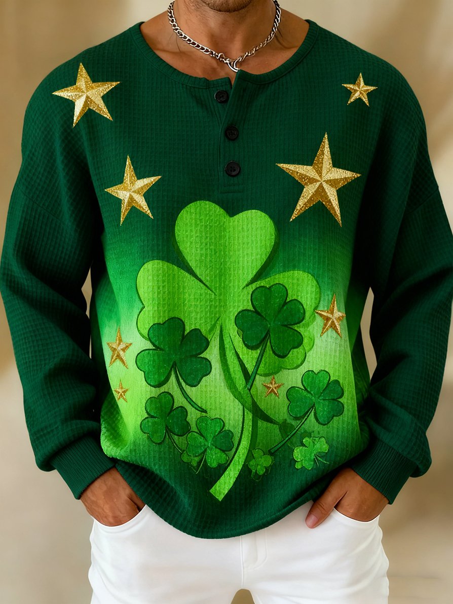 Camisa St. Patrick's Day Shamrock Art tejido tipo waffle Henley para hombre