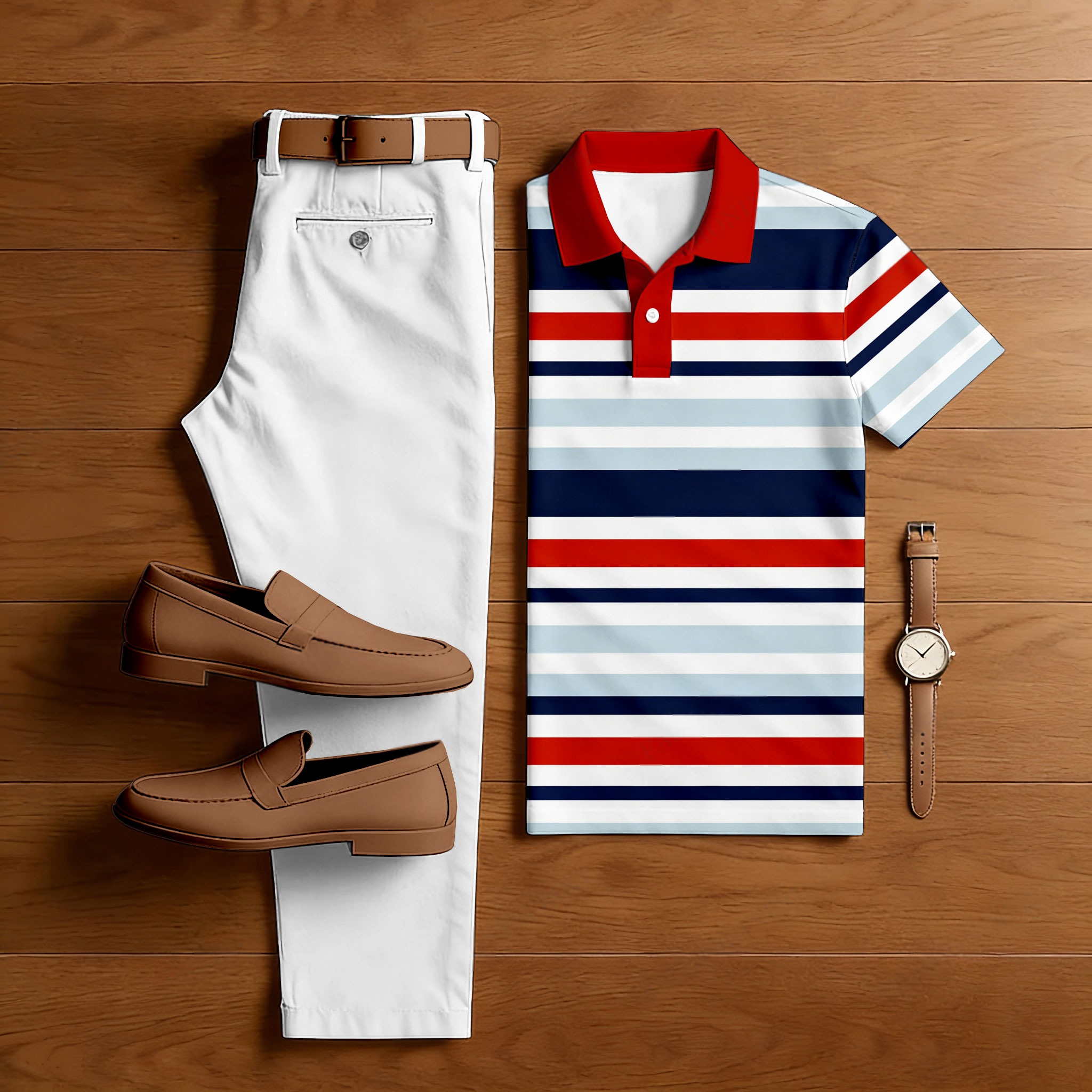 Conjunto de dos piezas casual Red Bar estampado camisa polo And pantalón para hombre