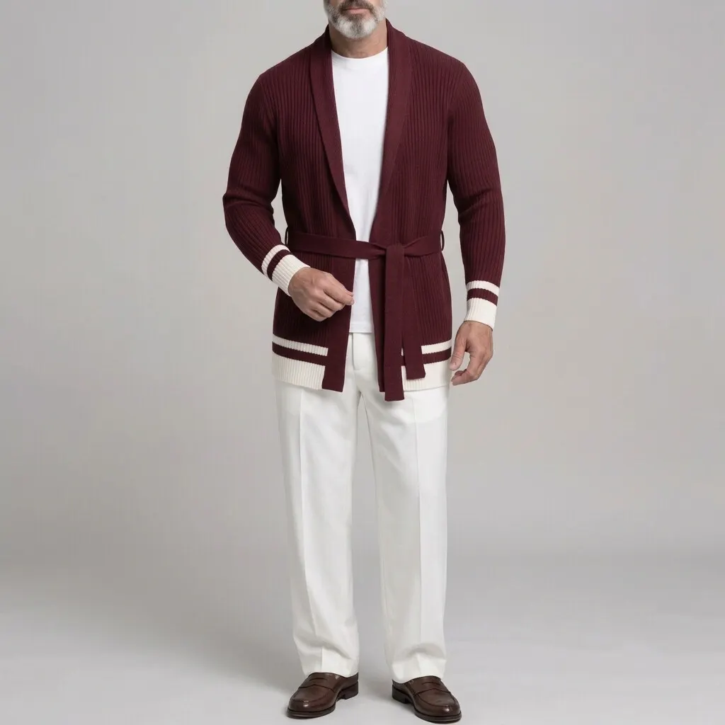 para hombre casual Shawl Collar Ribbed tejido Self Tie Belt Contrast a rayas de manga larga Open Front Cardigan