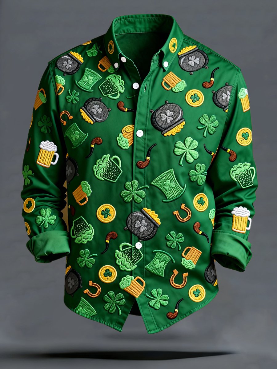 Camisa de lujo St. Patrick's Day Carnival estampado de manga larga para hombre