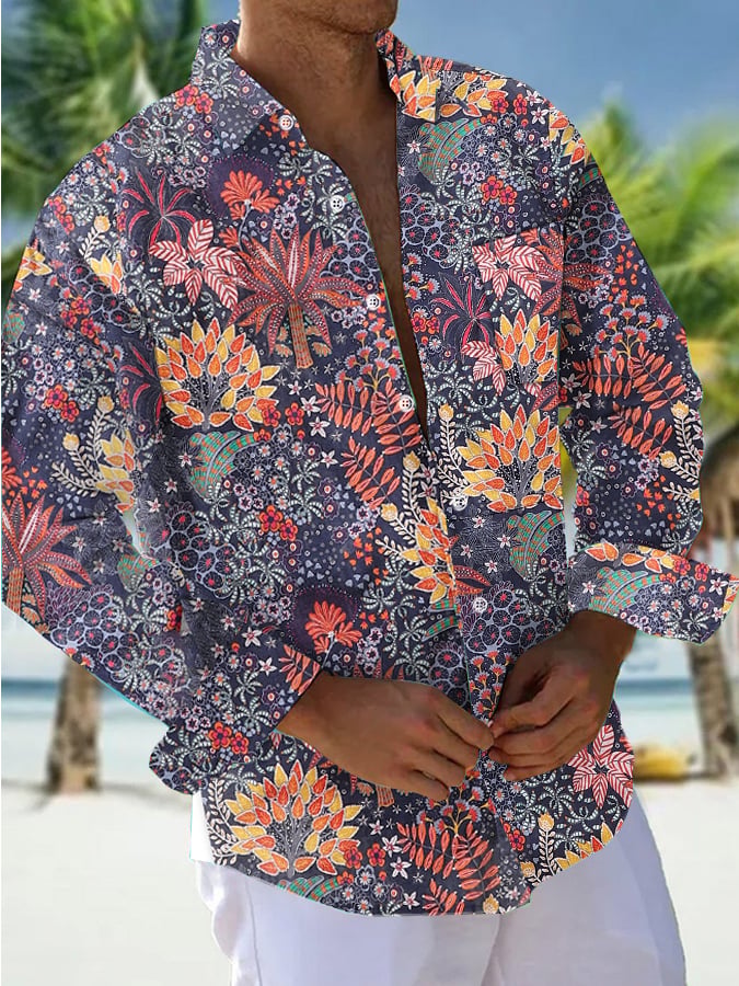 Camisa vintage floral Pocket de manga larga para hombre