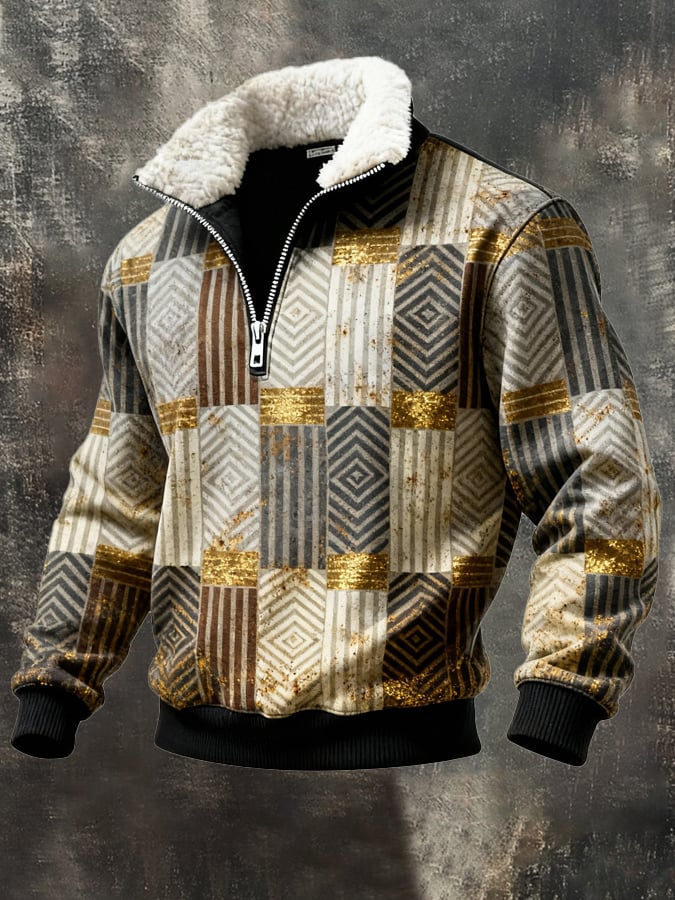 Sudadera retro en bloques de color estampado casual Fur cuello para hombre