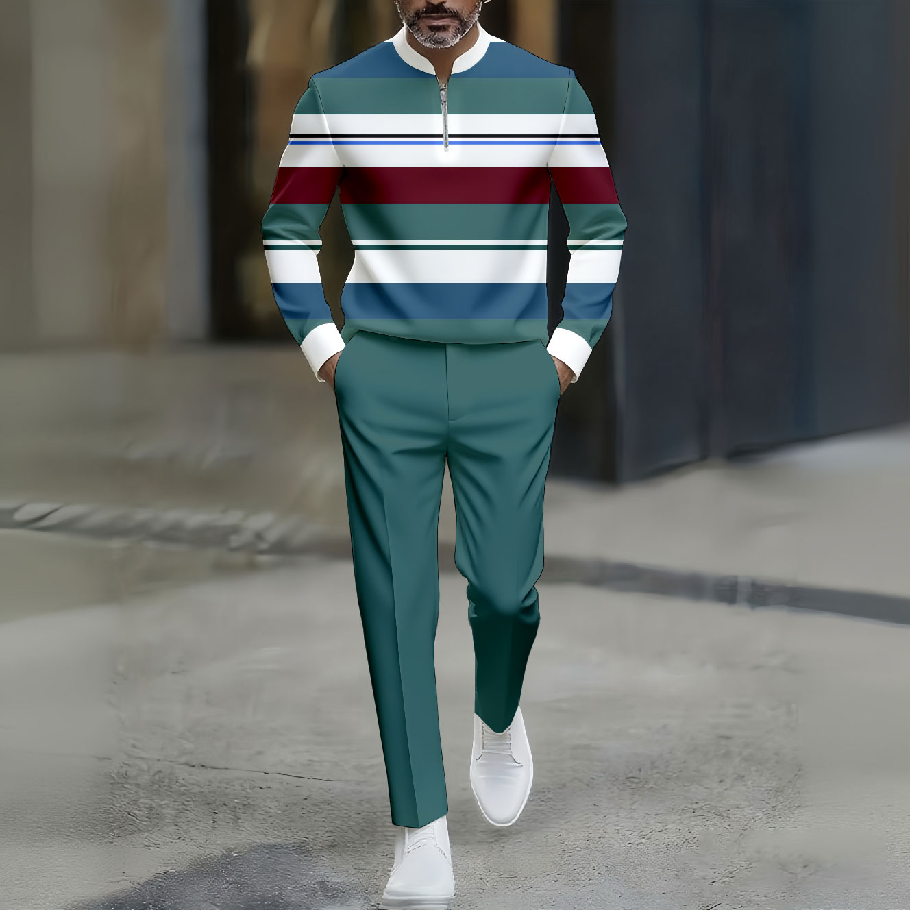 Conjunto de dos piezas Green & White casual Color Matching a rayas estampado Round-Neck Zipper de manga larga Trousers para hombre