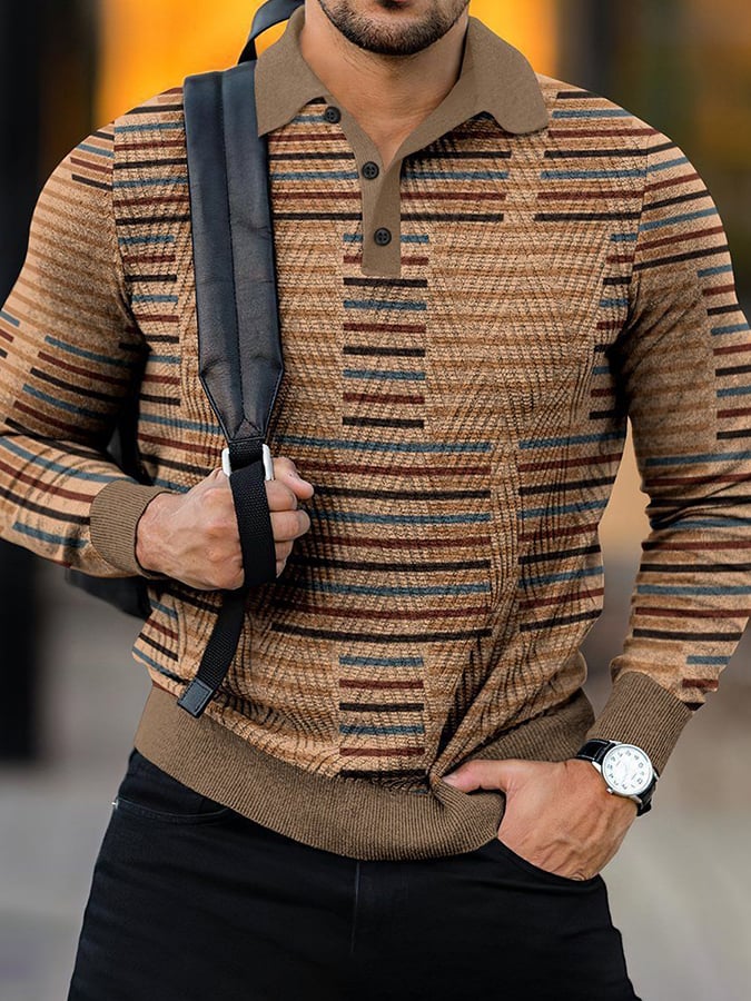 Rayas casual de manga larga Polo Knicamiseta para hombre