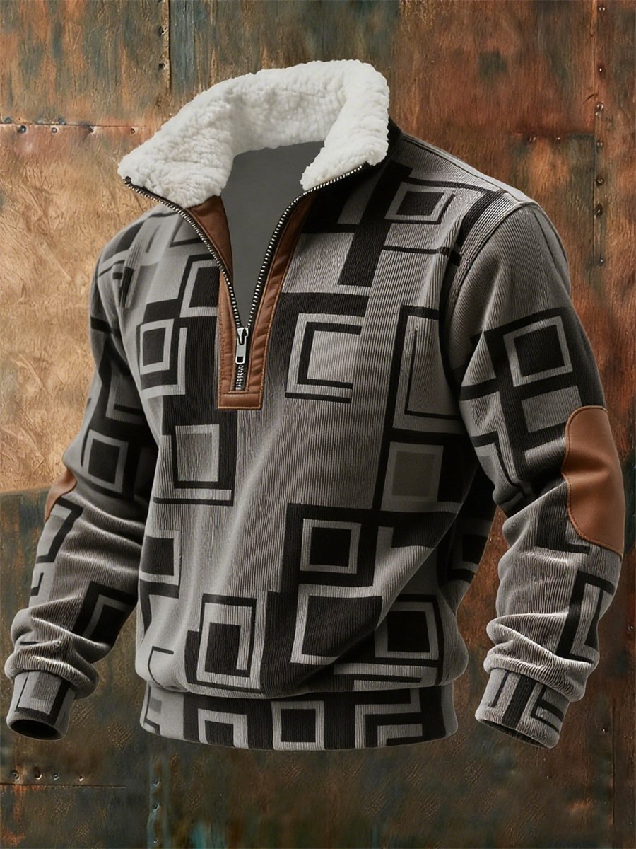 Sudadera retro geométrico Quarter Zip polar Neck para hombre