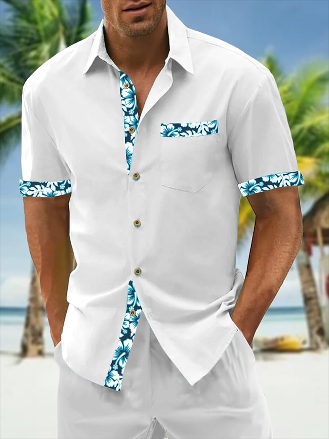 Camisa Resort Style Contrast estampado casual de manga corta para hombre