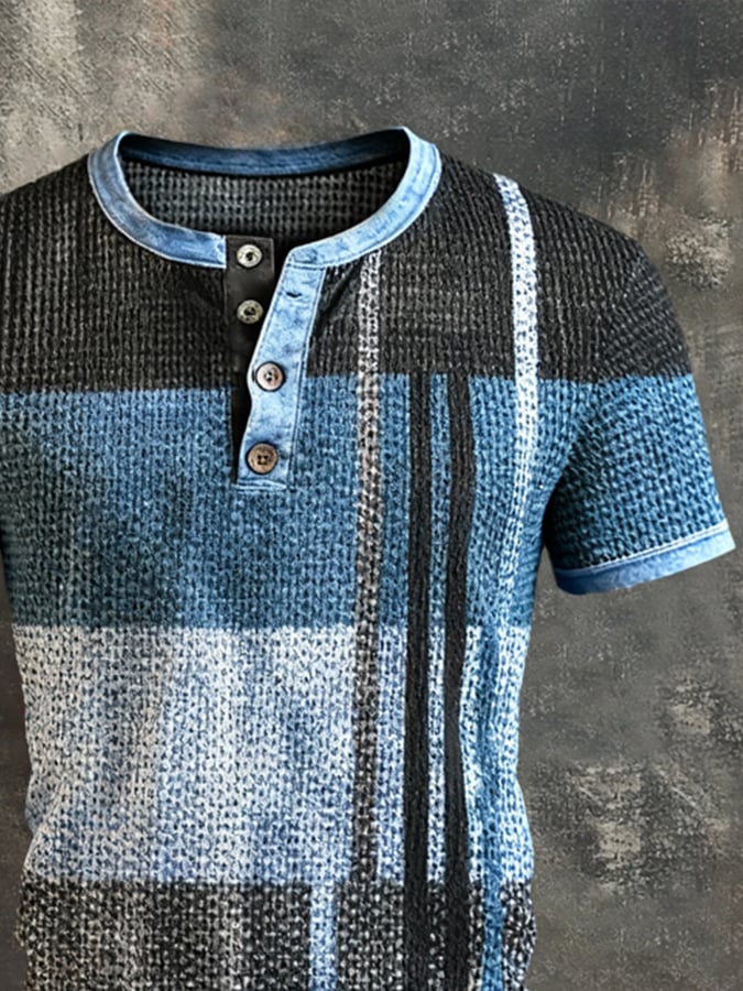 Camiseta vintage-Style Color-Block de manga corta With Henley cuello para hombre
