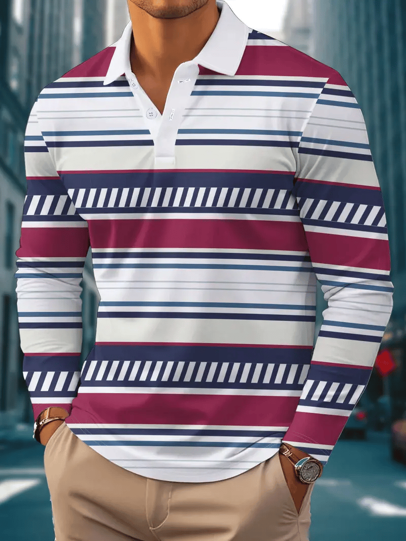 Camisa polo retro ejecutivo rayas estampado de manga larga para hombre