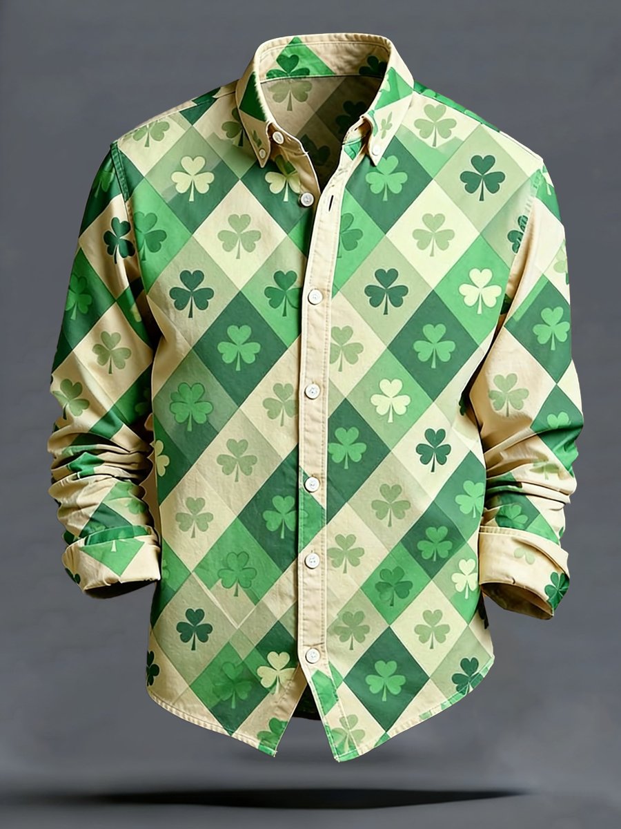 Camisa de lujo St. Patrick's Day Shamrock estampado de manga larga para hombre