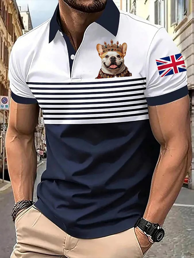 Camisa polo casual a rayas Crown Puppy Bulldog estampado para hombre