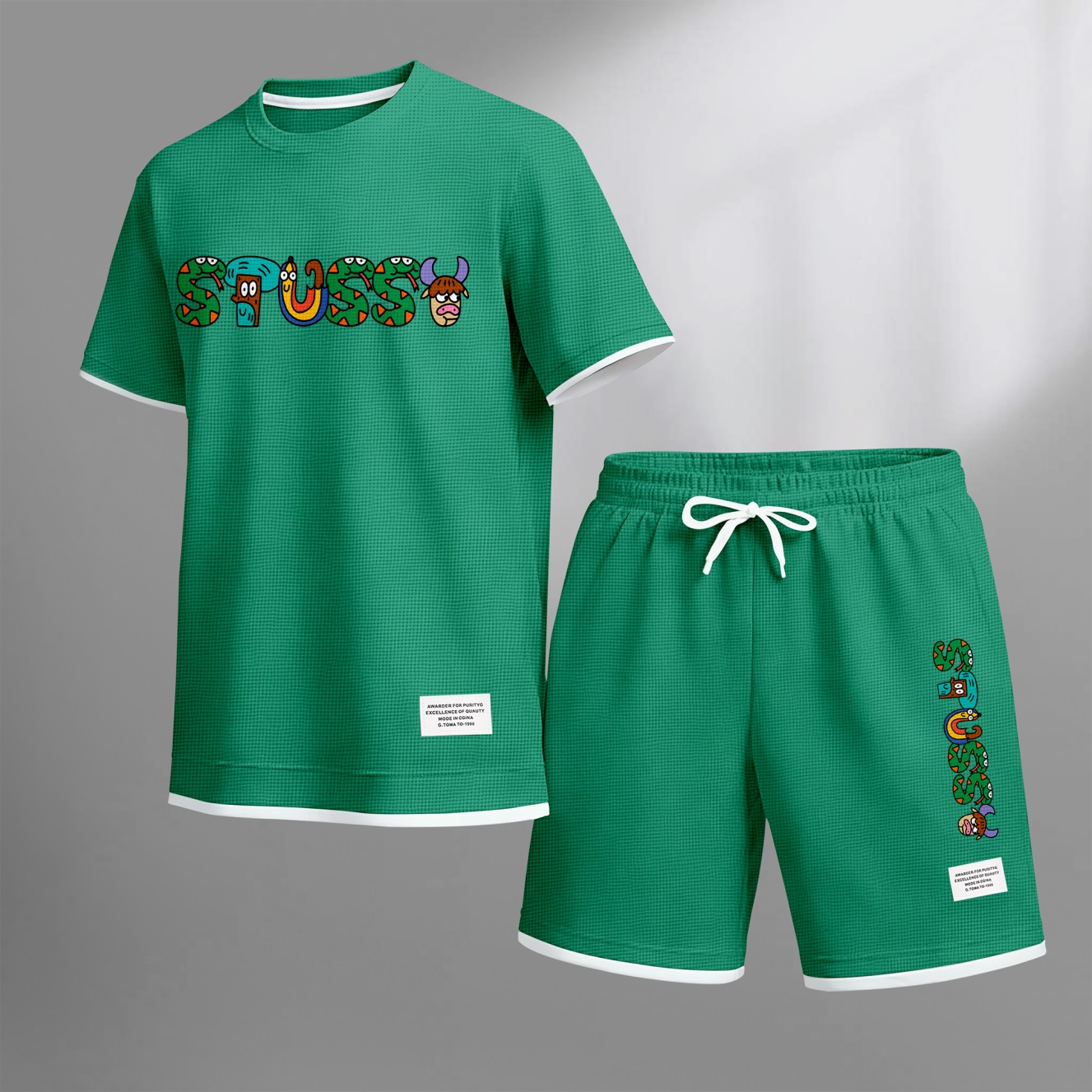 Camisa Y2K Cartoon estampado Waffle Fabric de manga corta And shorts Set para hombre