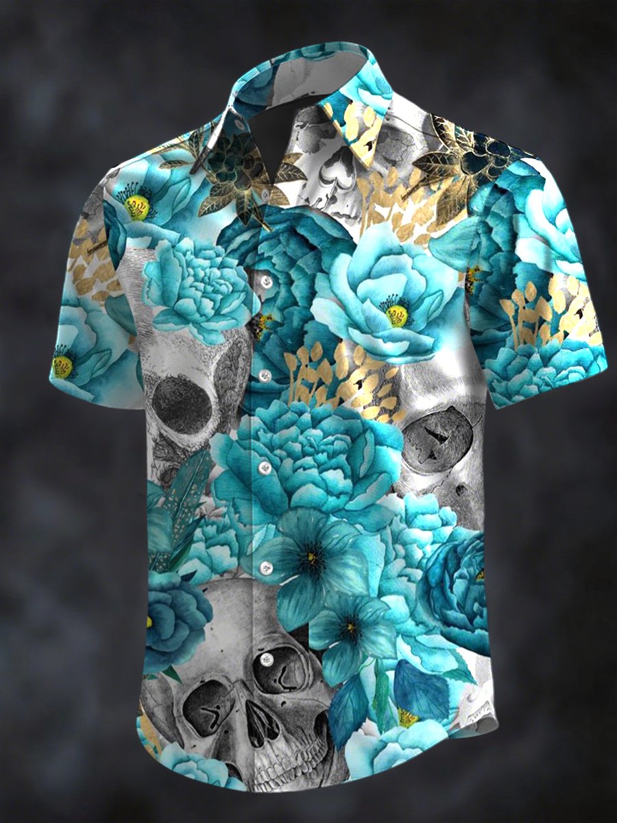 Camisa retro Horror Skull estampado solapa de manga corta para hombre