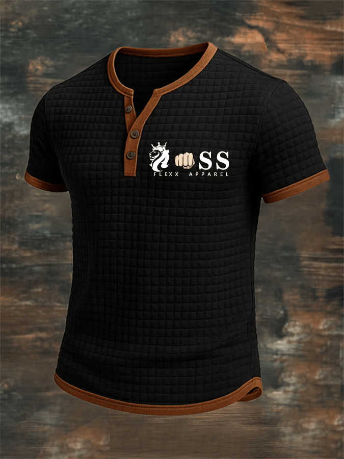 Retro Letter Design ejecutivo Contrast Button de manga corta Square Fabric Top para hombre