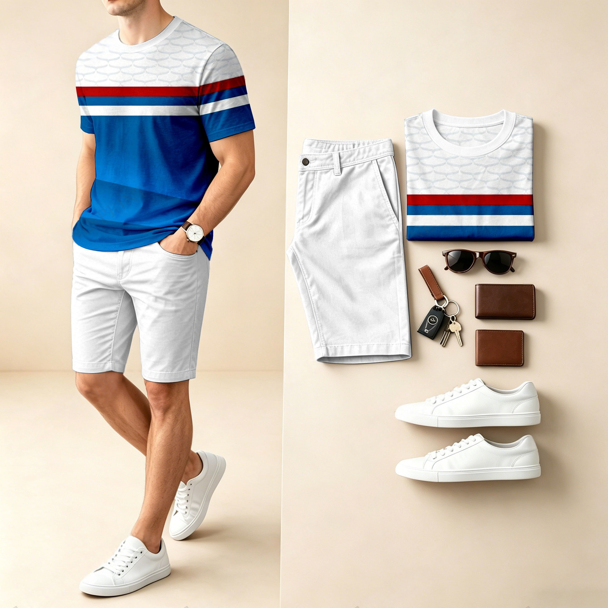 Conjunto de dos piezas casual a rayas Patchpara trabajo estampado Round-Neck de manga corta camiseta And shorts para hombre