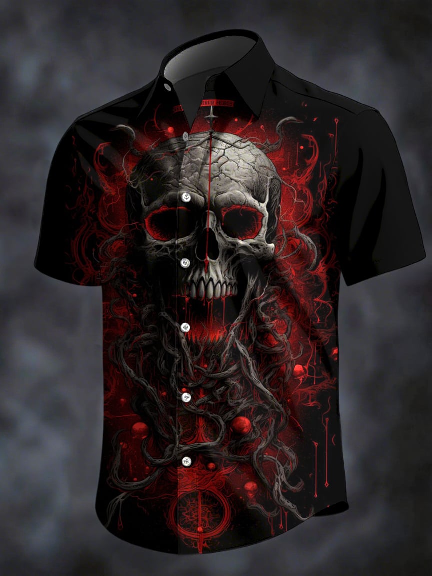 Camisa retro Horror Skull estampado solapa de manga corta para hombre