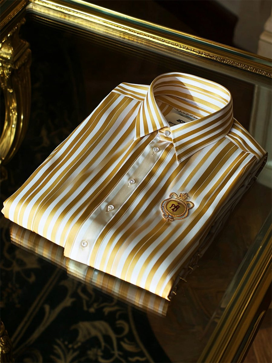 Camisa satén de lujo ejecutivo a rayas de manga corta Button para hombre