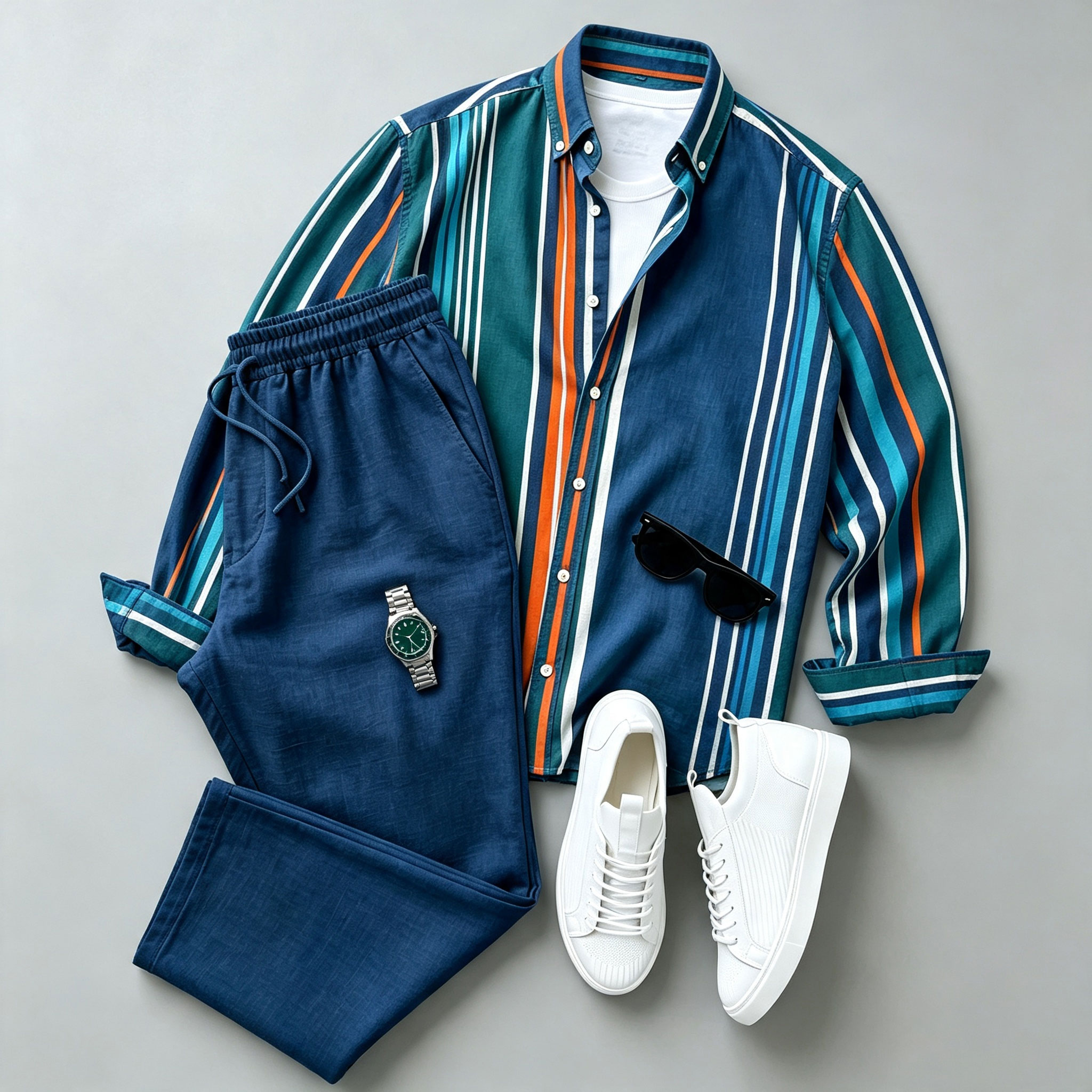 para hombre Color-Blocked a rayas de manga larga camisa and pantalón Set