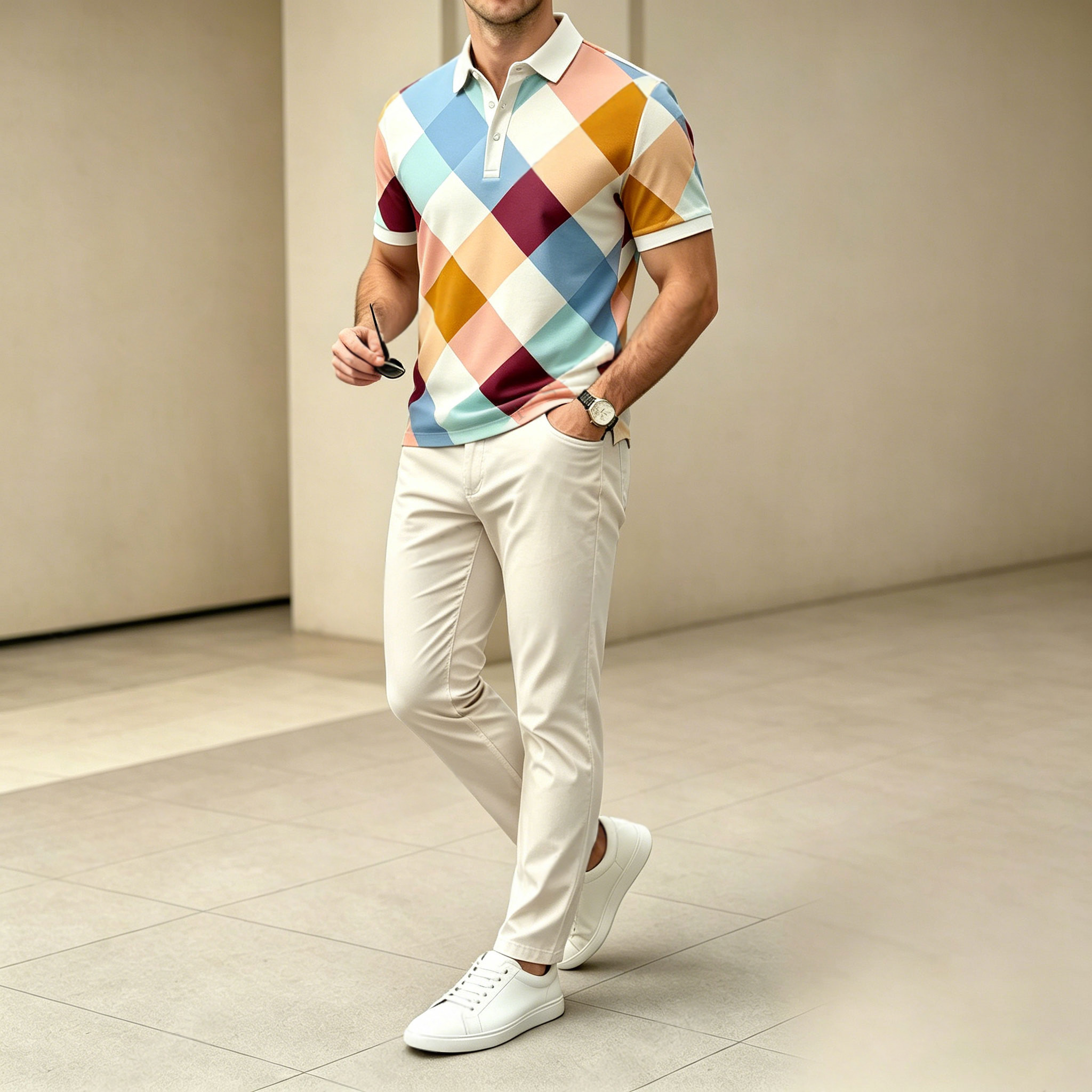 Conjunto de dos piezas casual Colorful a cuadros estampado camisa polo And pantalón para hombre