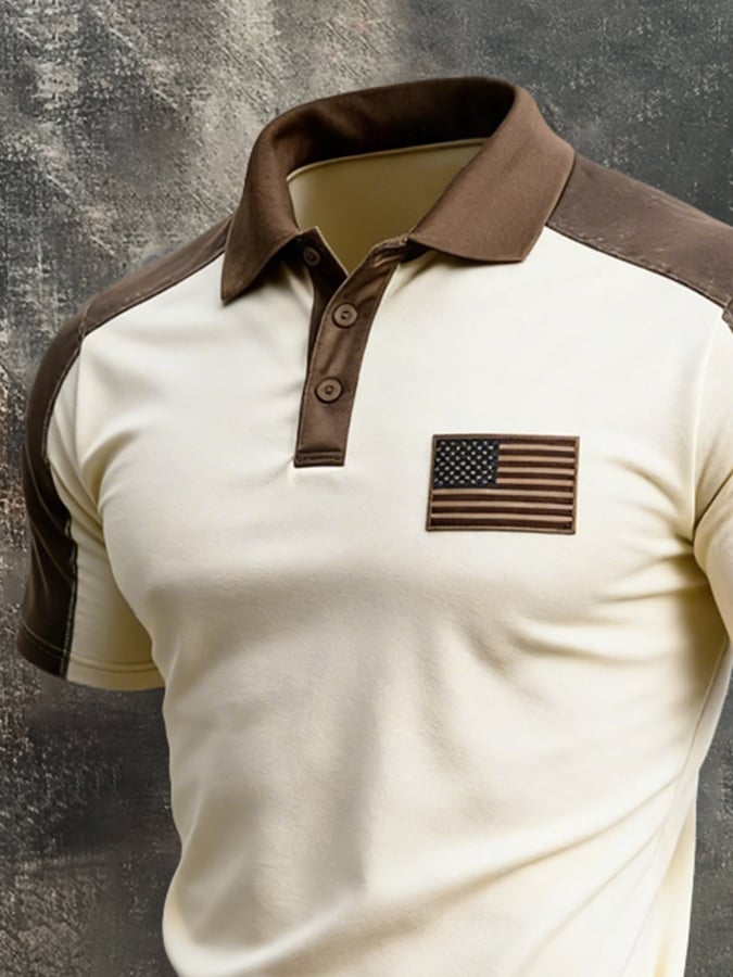 Retro Patriot en bloques de color Polo Collar de manga corta para hombre