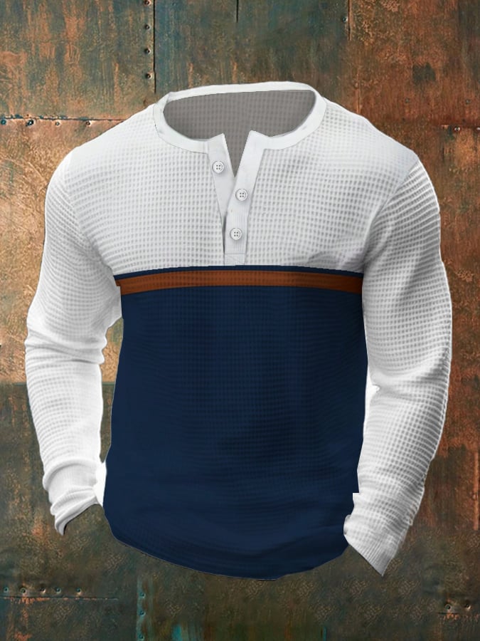 Camiseta vintage Waffle Color Patch Henley Neck para hombre