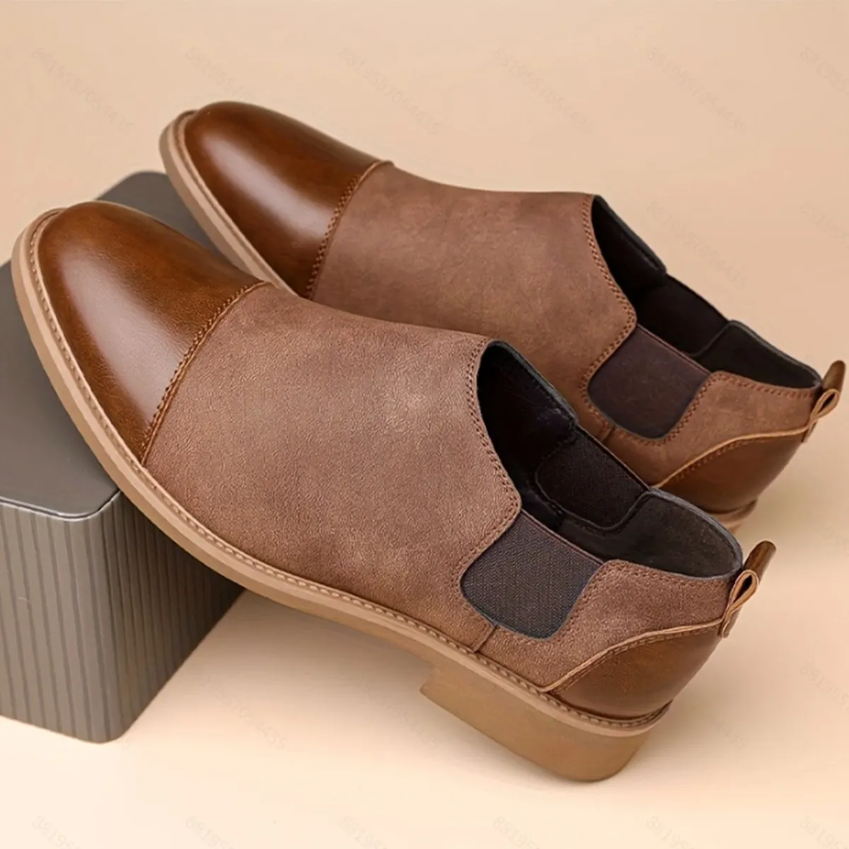 para hombre vintage Two Tone PU Leather Cap Toe Elastic Side Slip On Chelsea Ankle Boots
