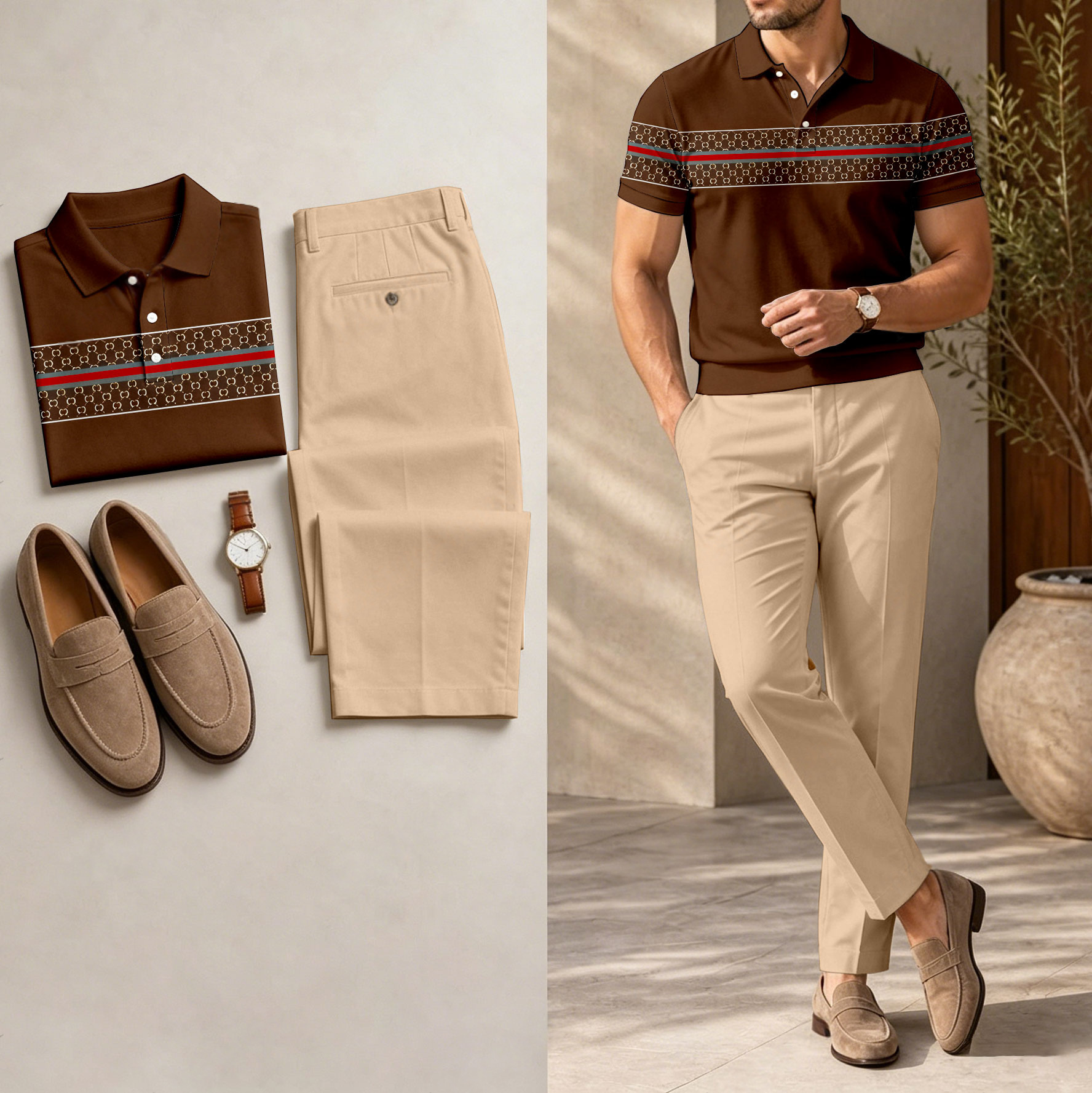 Conjunto de dos piezas casual Dark Brown rayas estampado camisa polo And pantalón para hombre