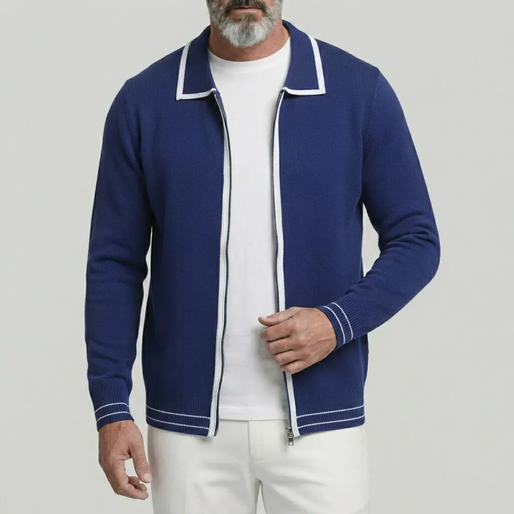 para hombre de color sólido Contrast Binding Turndown Collar Zipper tejidoted Cardigan